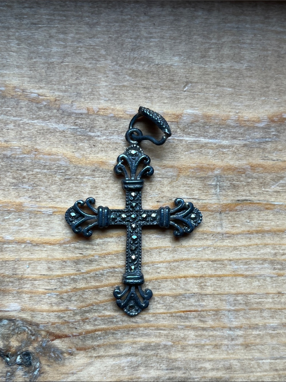 Ornate Cross Pendant in Dark Silver with Marcasite Accents